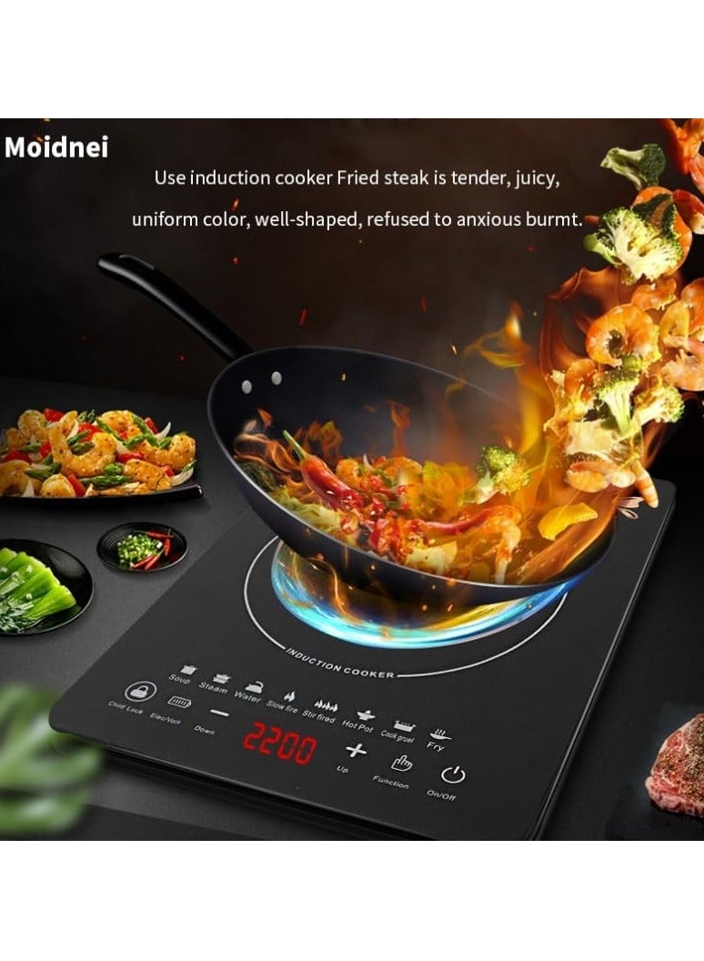 هالامين Here's the Arabic translation for the product name:  **موقد الحث المحمول، موقد سطح العمل متعدد الوظائف، موقد كهربائي 2200 واط مع زجاج سهل التنظيف، طباخ يعمل باللمس مع 8 أوضاع حساسة** - Image 2