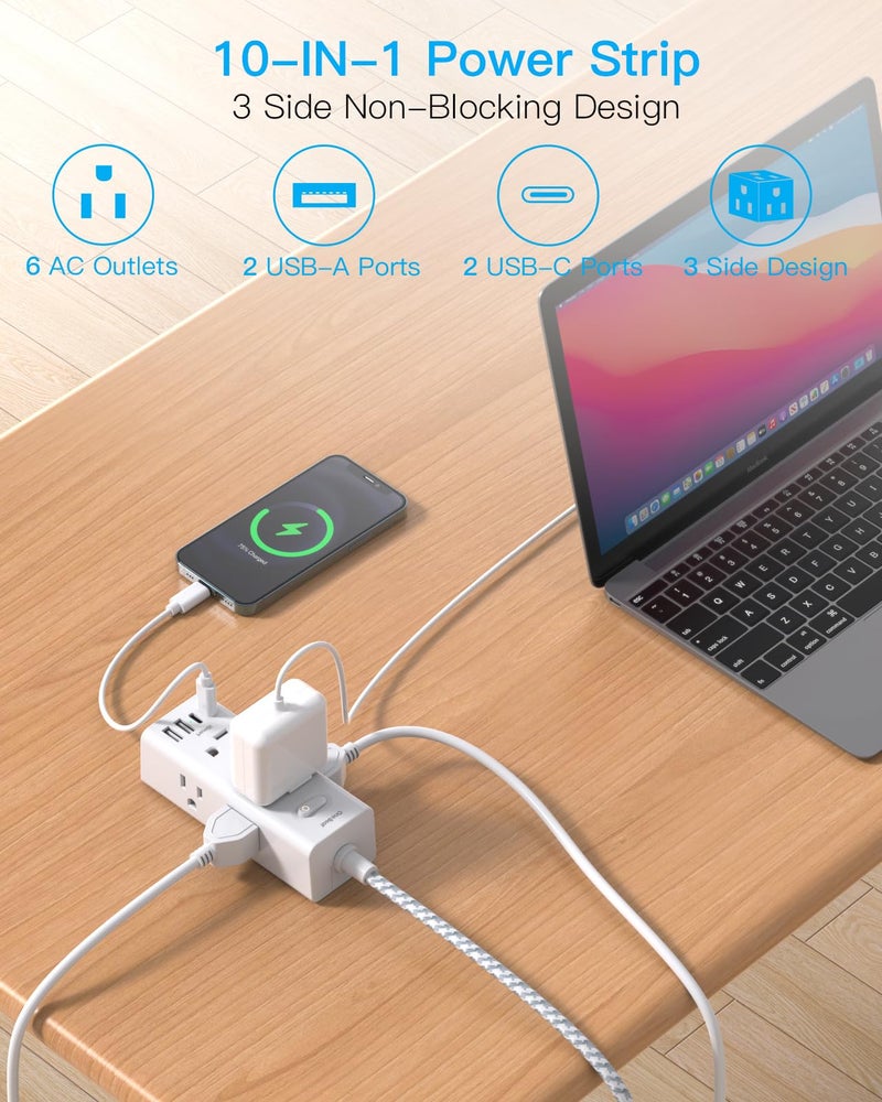 One Beat Short Extension Cord 3Ft, Flat Plug Power Strip Surge Protector - 6 Widely Outlets with 4 USB Ports (2 USB C), Wall Mount Small Power Strip for Travel Home Office College Dorm - Image 2