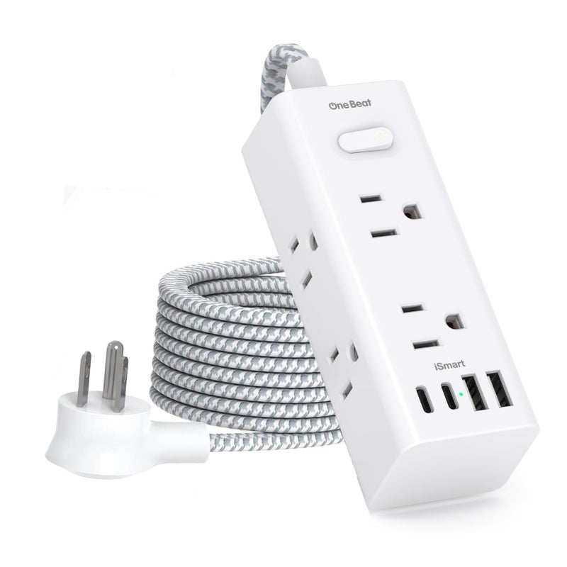 One Beat Short Extension Cord 3Ft, Flat Plug Power Strip Surge Protector - 6 Widely Outlets with 4 USB Ports (2 USB C), Wall Mount Small Power Strip for Travel Home Office College Dorm - Image 1