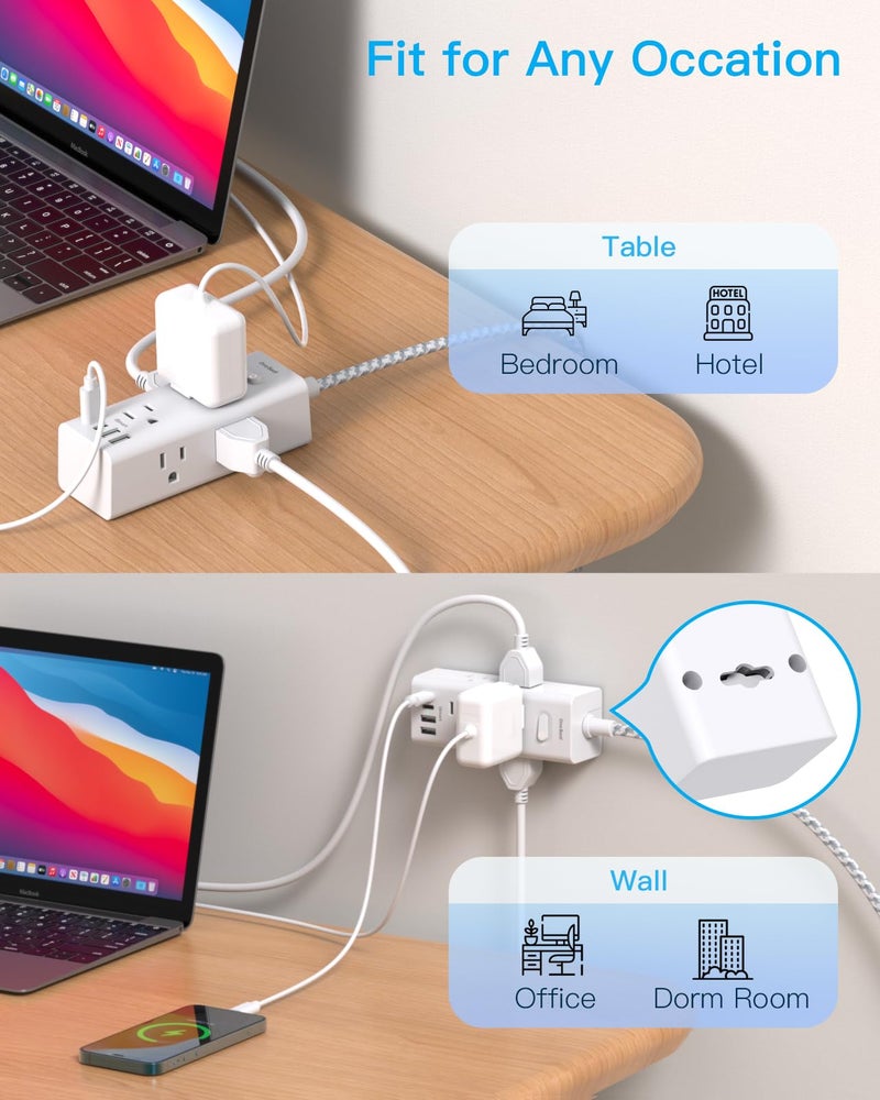 One Beat Short Extension Cord 3Ft, Flat Plug Power Strip Surge Protector - 6 Widely Outlets with 4 USB Ports (2 USB C), Wall Mount Small Power Strip for Travel Home Office College Dorm - Image 5