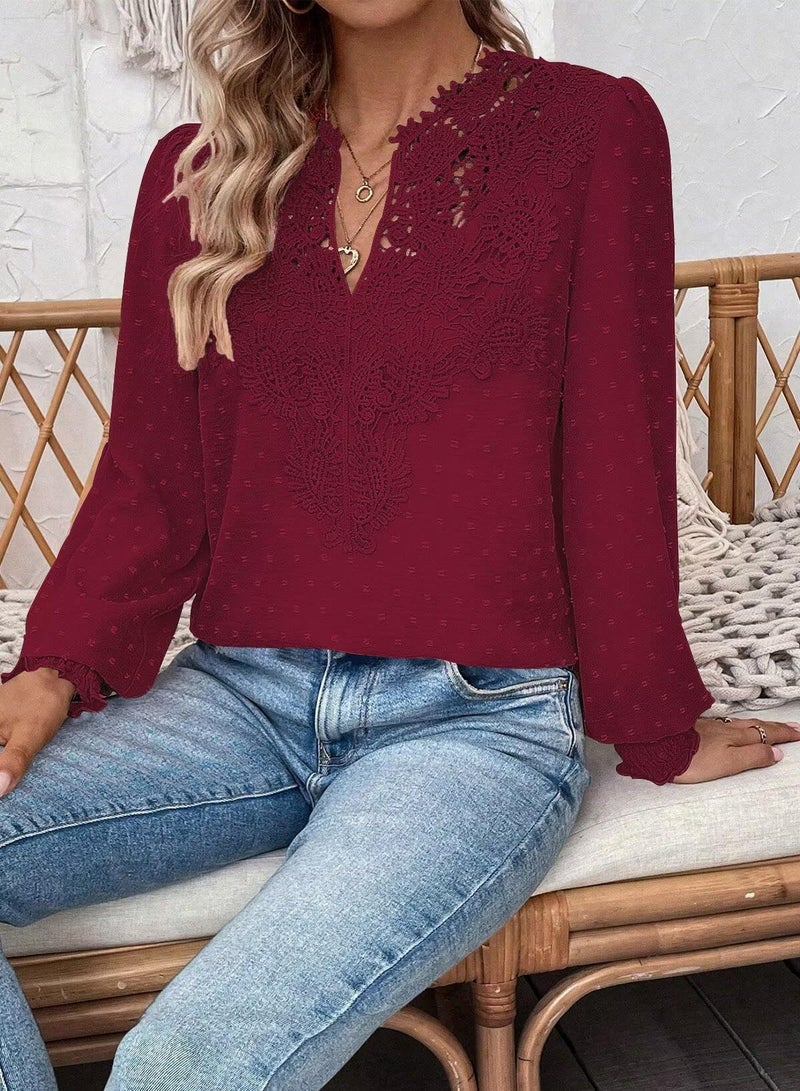 Falechay Burgundy Tops For Women Cute Womens Blouses V Neck Boho Shirts Lace Solid Pullover Pom Pom Chiffon Babydoll Flowy Swiss Dots Loose Clothing M - Image 4