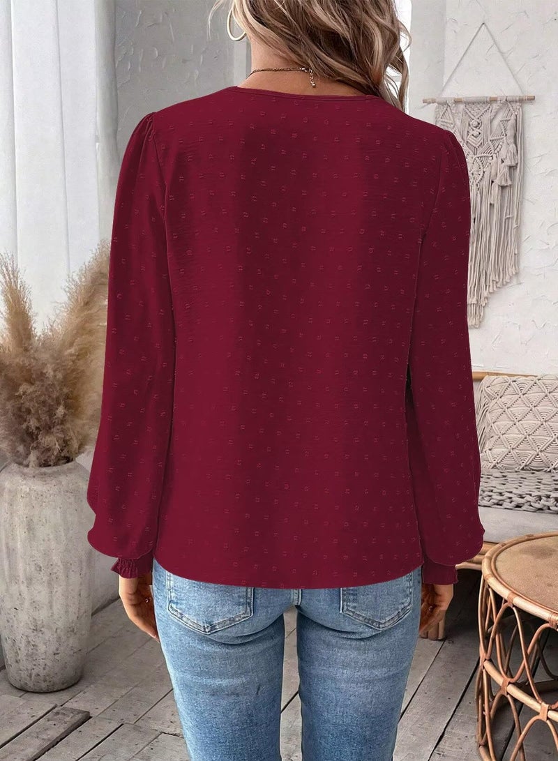 Falechay Burgundy Tops For Women Cute Womens Blouses V Neck Boho Shirts Lace Solid Pullover Pom Pom Chiffon Babydoll Flowy Swiss Dots Loose Clothing M - Image 5