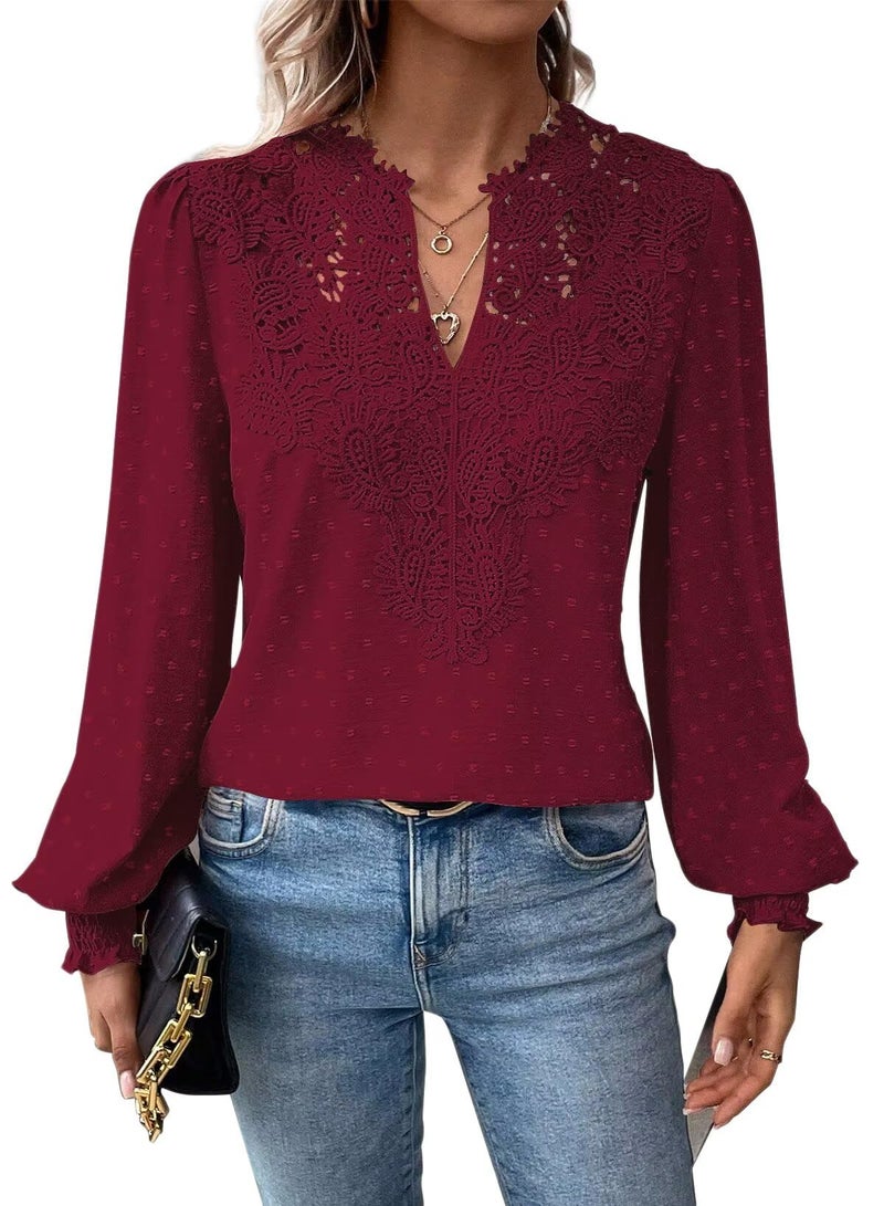 Falechay Burgundy Tops For Women Cute Womens Blouses V Neck Boho Shirts Lace Solid Pullover Pom Pom Chiffon Babydoll Flowy Swiss Dots Loose Clothing M - Image 1