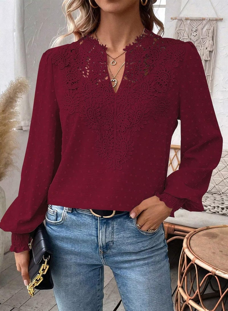 Falechay Burgundy Tops For Women Cute Womens Blouses V Neck Boho Shirts Lace Solid Pullover Pom Pom Chiffon Babydoll Flowy Swiss Dots Loose Clothing M - Image 3
