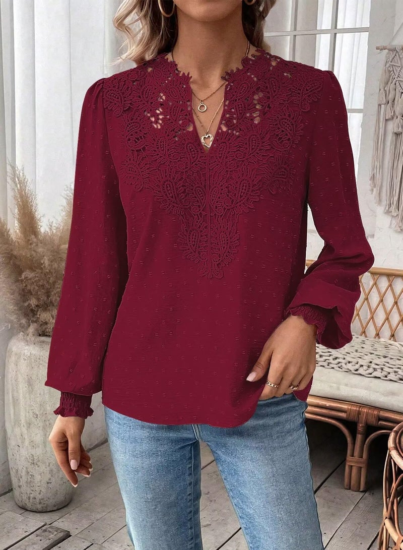Falechay Burgundy Tops For Women Cute Womens Blouses V Neck Boho Shirts Lace Solid Pullover Pom Pom Chiffon Babydoll Flowy Swiss Dots Loose Clothing M - Image 2