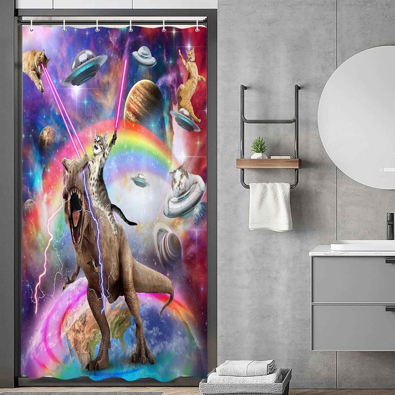 Uokiuki Funny Cat Shower Curtain Boys Kids Bathroom Decor, Cool Cat Riding Dinosaur On Fantasy Galaxy Hilarious Shower Curtain, Funky Outer Space Universe Anime Shower Curtain Fabric with 12PCS Hooks, 36X70IN - Image 1