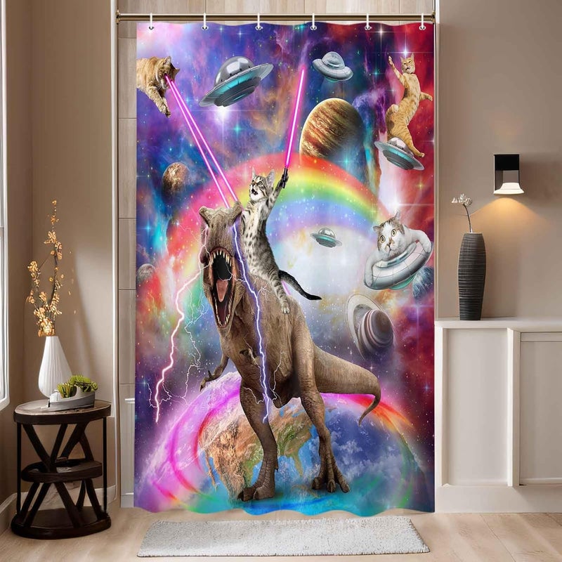 Uokiuki Funny Cat Shower Curtain Boys Kids Bathroom Decor, Cool Cat Riding Dinosaur On Fantasy Galaxy Hilarious Shower Curtain, Funky Outer Space Universe Anime Shower Curtain Fabric with 12PCS Hooks, 36X70IN - Image 2