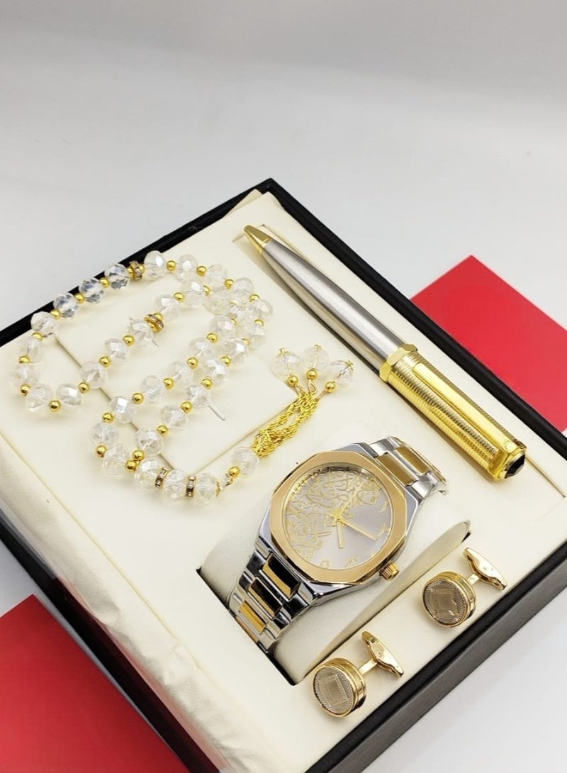 Catera A gift set for a high-quality, elegant waterproof men's watch, a silver and gold bracelet and a grey dial with Arabic decorations - limited edition 