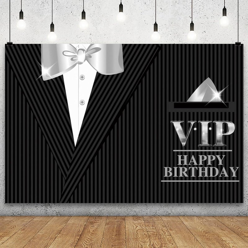 YongFoto YongFoto 7x5ft Man VIP Happy Birthday Backdrop Gentleman Black Tuxedo Suits White Shirts Photography Background Sir 16th 17th 18th Birthday Party Decoration Boy Portrait Stage Performance Poster  - Image 1