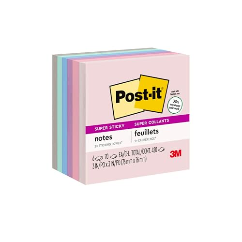 Post It Post-it Super Sticky Recycled Notes, 3x3 in, 6 Pads, 2X The Sticking Power, Bali Collection, Pastel Colors (Lavender, Apricot, Blue, Pink, Mint), 30% Recycled Paper (654-6SSNRP) - Image 1