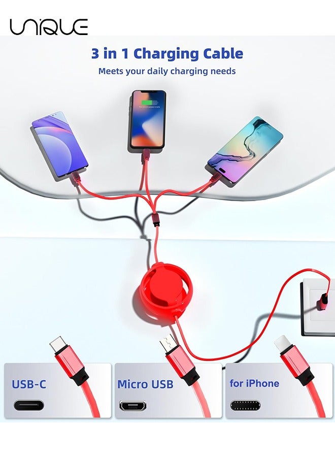 Unique 3 in 1 Retractable Charging Cable，Multi USB Cable Fast Charger Cord for iPhone, Samsung, iPad, Tablets, Switch and More (Red) - Image 3