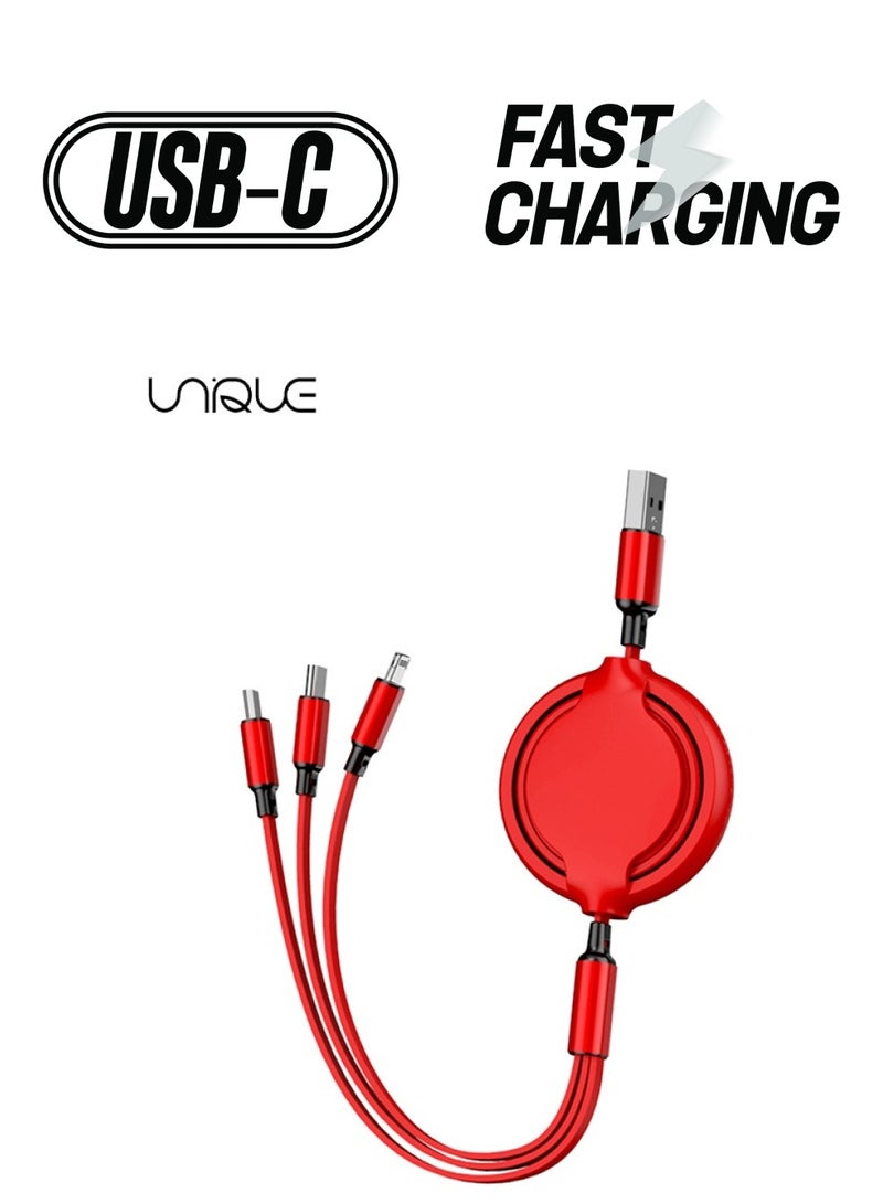 Unique 3 in 1 Retractable Charging Cable，Multi USB Cable Fast Charger Cord for iPhone, Samsung, iPad, Tablets, Switch and More (Red) - Image 1