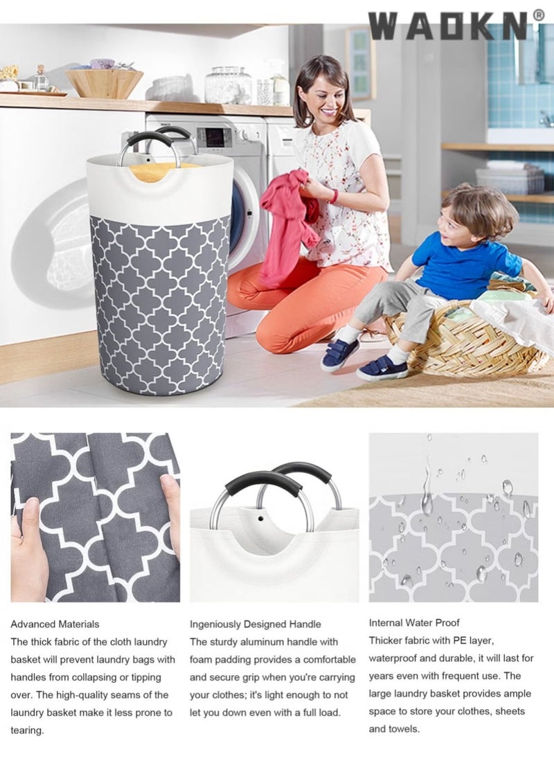 WAOKN - Foldable Large Printed Fabric without Cover Laundry Torage Basket Laundry Hamper Bag with Aluminum Handle Collapsible Laundry Basket Dirty Clothes Storage Bin，Home Sorting Bucket（Grey） - Image 1