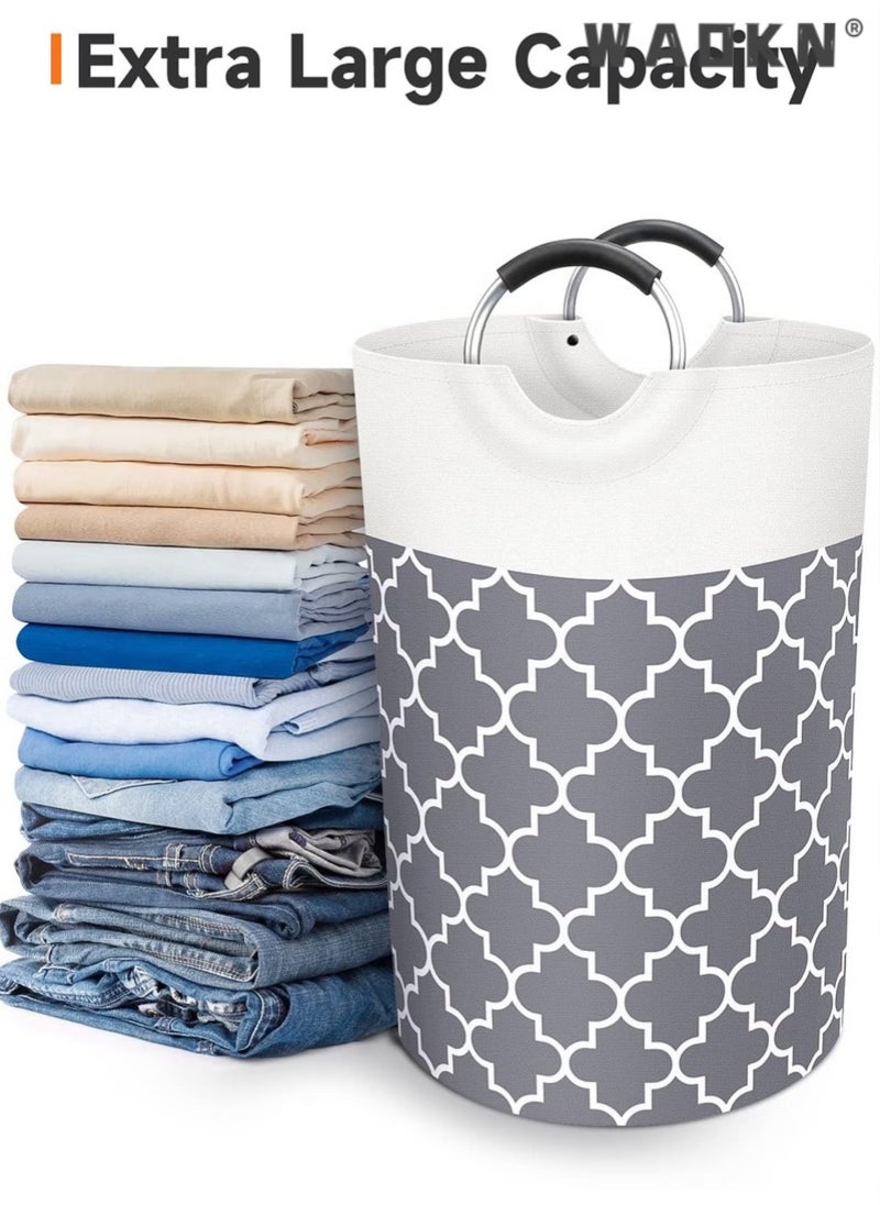 WAOKN Foldable Large Printed Fabric without Cover Laundry Torage Basket Laundry Hamper Bag with Aluminum Handle Collapsible Laundry Basket Dirty Clothes Storage Bin，Home Sorting Bucket（Grey）  - Image 2