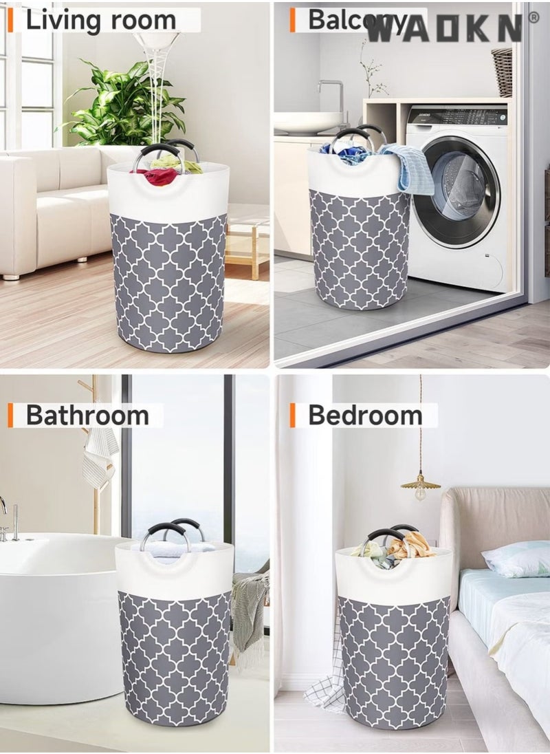 WAOKN - Foldable Large Printed Fabric without Cover Laundry Torage Basket Laundry Hamper Bag with Aluminum Handle Collapsible Laundry Basket Dirty Clothes Storage Bin，Home Sorting Bucket（Grey） - Image 1