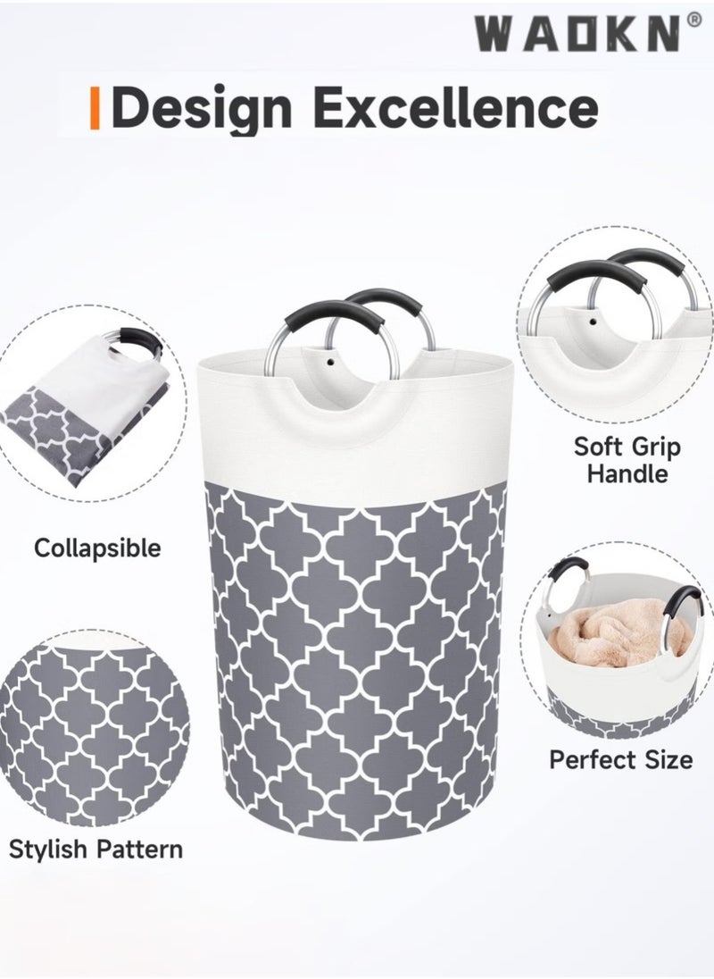 WAOKN Foldable Large Printed Fabric without Cover Laundry Torage Basket Laundry Hamper Bag with Aluminum Handle Collapsible Laundry Basket Dirty Clothes Storage Bin，Home Sorting Bucket（Grey）  - Image 3