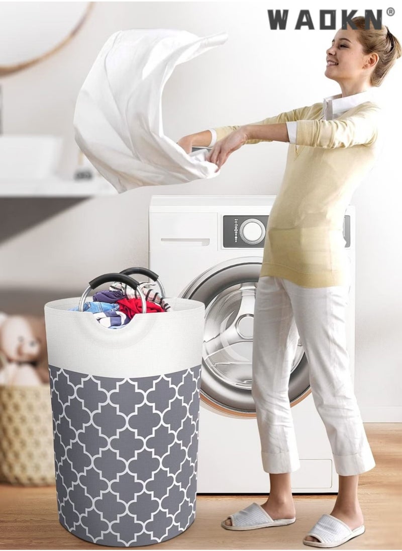 WAOKN Foldable Large Printed Fabric without Cover Laundry Torage Basket Laundry Hamper Bag with Aluminum Handle Collapsible Laundry Basket Dirty Clothes Storage Bin，Home Sorting Bucket（Grey）  - Image 5