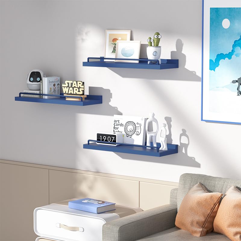 RYOFOBETTO Floating Shelves, Bathroom Decor Shelves Over Toilet, Farmhouse Wall Shelves for Living Room, Bedroom, Picture Frames, Plants, Kitchen, Set of 3 (Dark Blue) - Image 5