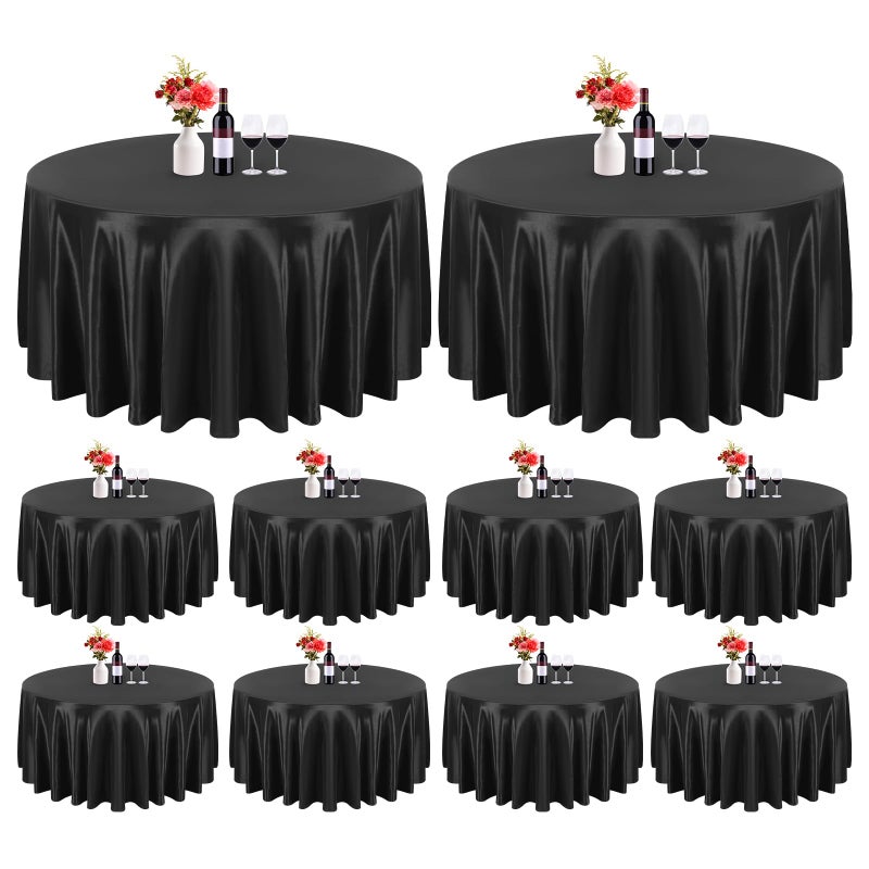 10 Pack Satin Tablecloth 120 Inch Black Round Silky Satin Table CoverBright Silk Smooth Washable Fabric Table Cloth Overlay Silky Table Cover for Wedding Party Banquet Event Dining Decoration