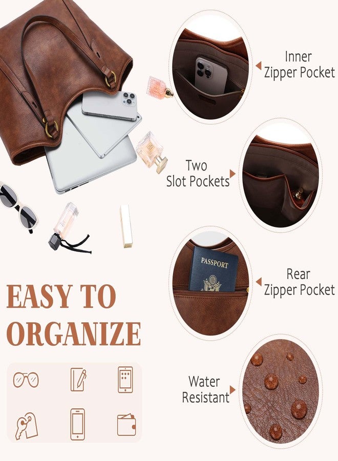 فاشي حقيبة يد نسائية من فاشي، حقيبة كتف كبيرة أنيقة من الجلد النباتي، بمقبض علوي وسحاب، مناسبة للعمل، لون بني - Image 3