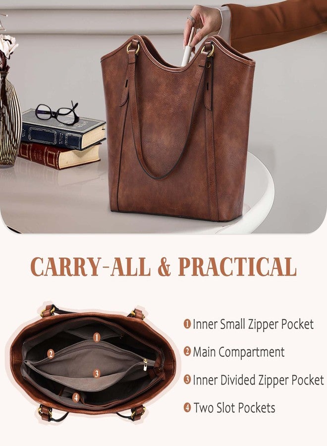 فاشي حقيبة يد نسائية من فاشي، حقيبة كتف كبيرة أنيقة من الجلد النباتي، بمقبض علوي وسحاب، مناسبة للعمل، لون بني - Image 4