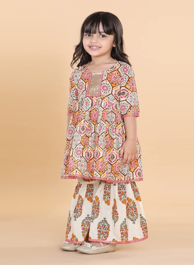 Adiva Cotton Kids Block Printed Kurta Sharara Set For Girls (G-1050-WHITE-16), 12-18 Months - Image 2