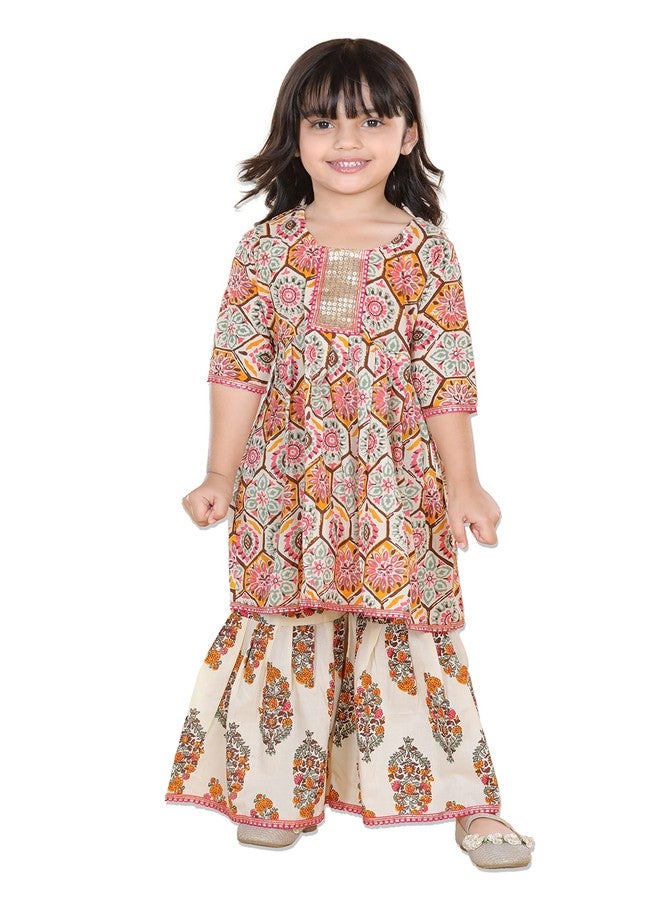 Adiva Cotton Kids Block Printed Kurta Sharara Set For Girls (G-1050-WHITE-16), 12-18 Months - Image 1