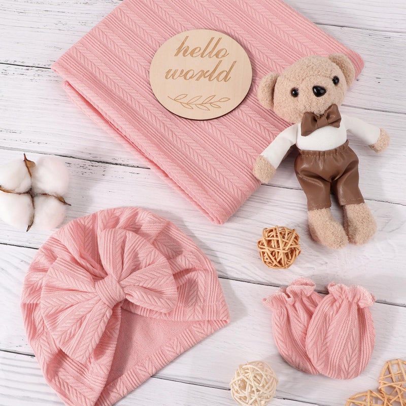 AQOKKA Newborn Receiving Blanket with Bow Hat Headband Wooden Card Set Wheat-Pattern Newborns Toddler Baby Boy Girl Nursery Swaddle Wrap - Image 2