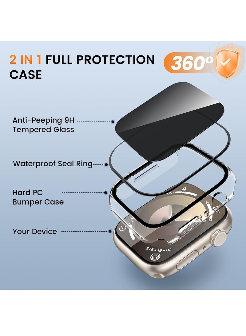 KASTWAVE 2 Pac Waterproof Privacy Case for Apple Watch 9 8 7 45mm with 9H Anti-Spy Tempered Glass Screen Protector, Full Body Hard PC Bumper Cases Protective Cover for iWatch9/iWatch8 (Clear+Black) - Image 2