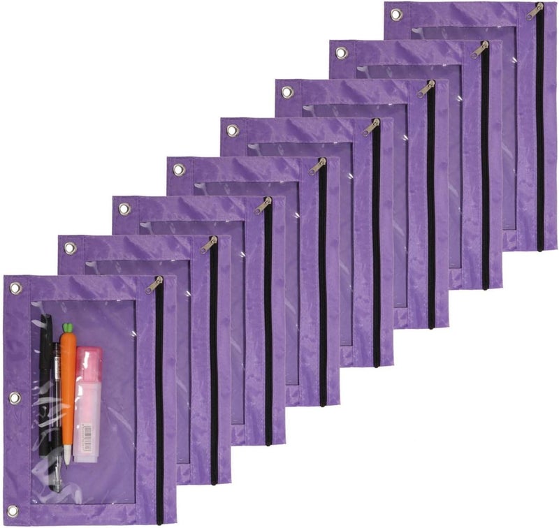 SdeFe Store Binder Pencil Pouch 3 Rings Pencil Case with Clear Window for School Classroom Organizers 8 Pcs (Purple) - Image 1