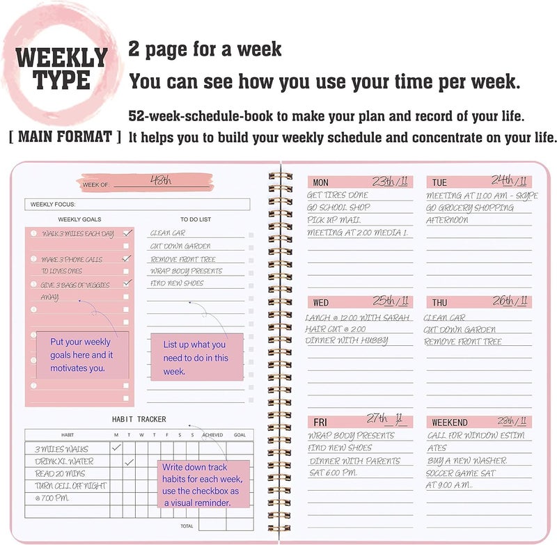 SKY-TOUCH A5 Weekly Planner: To Do List Notebook With 52 Undated Sheets Daily Planner With Goal Habit Tracker Organizer For Office Home School Work Study Life Pink - Image 2