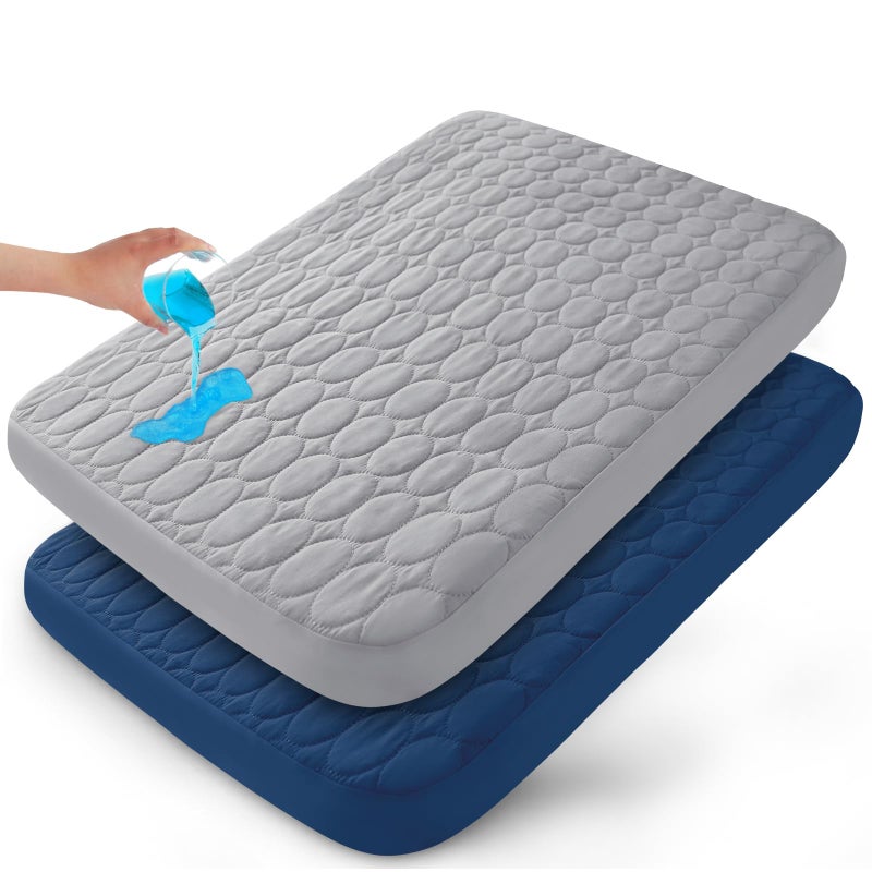 Biloban Pack and Play Sheets Fitted Quilted Waterproof Protector, 2 Pack Playard Mattress Pad Compatible with Graco Pack n Play, Mattress Cover fits for Baby Playpen Mattress, Mini Crib, Gray & Navy Blue - Image 1