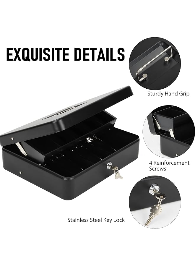 erorex Lock Safe Box Cash Box With Lock And 2 Keys Metal Money Box With Cash Tray Lock Safe Box For Office Business 4 Bill 5 Coin Slots 29.97L X 24.13W X 8.89H Cm Side Key Black - Image 3