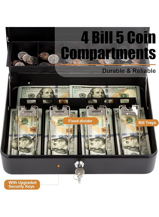 erorex Lock Safe Box Cash Box With Lock And 2 Keys Metal Money Box With Cash Tray Lock Safe Box For Office Business 4 Bill 5 Coin Slots 29.97L X 24.13W X 8.89H Cm Side Key Black - Image 4