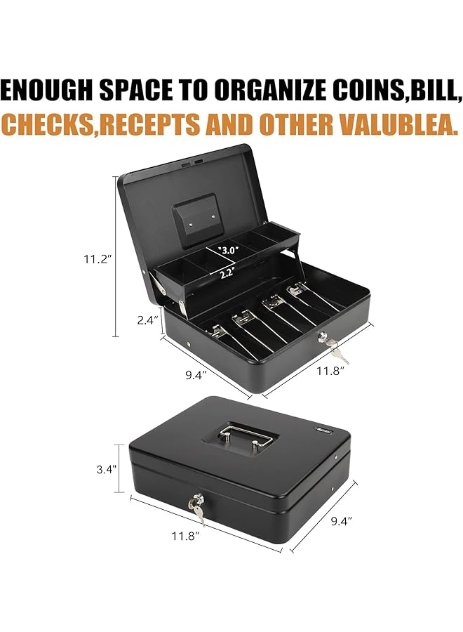 erorex Lock Safe Box Cash Box With Lock And 2 Keys Metal Money Box With Cash Tray Lock Safe Box For Office Business 4 Bill 5 Coin Slots 29.97L X 24.13W X 8.89H Cm Side Key Black - Image 5