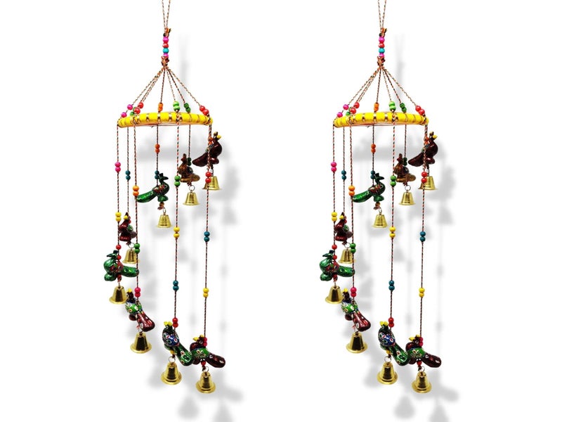 JH Gallery Handcrafted Rajasthani Colored Bell Wind Chime, Door/Wall Hanging Decorative Showpiece/Wall Hanging/Home Décor/Home Furnishing/Diwali Gift/Corporate Gift (Pack of 2, Peacock) - Image 1