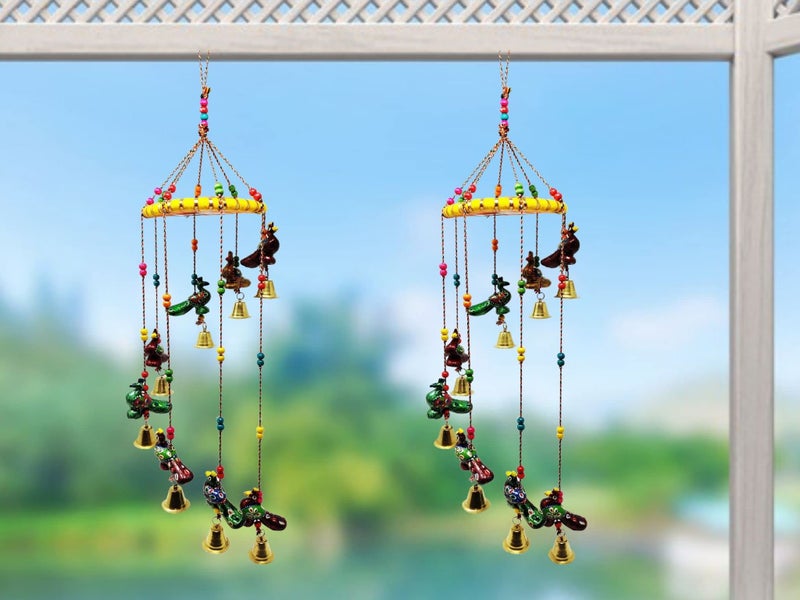 JH Gallery Handcrafted Rajasthani Colored Bell Wind Chime, Door/Wall Hanging Decorative Showpiece/Wall Hanging/Home Décor/Home Furnishing/Diwali Gift/Corporate Gift (Pack of 2, Peacock) - Image 2