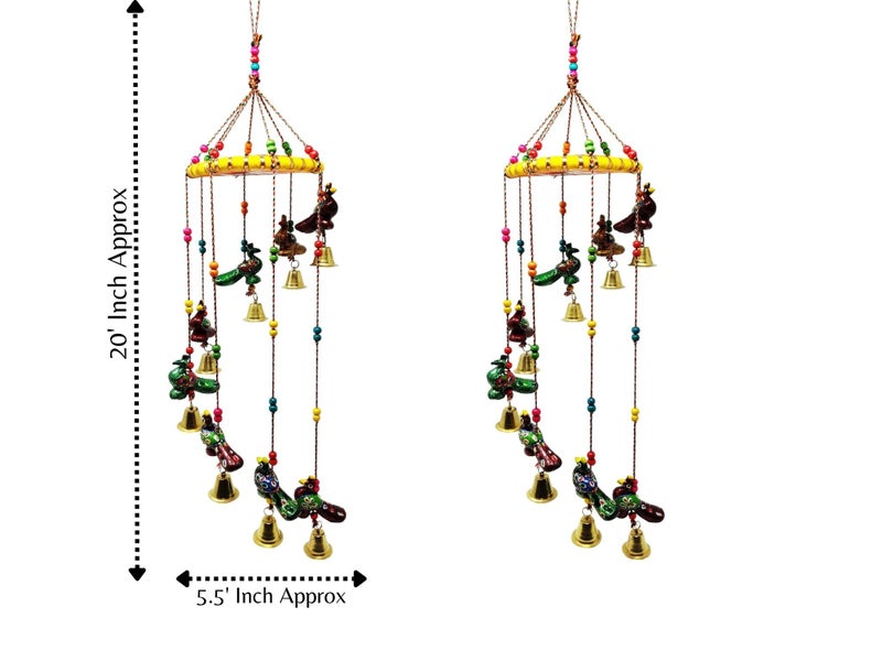 JH Gallery Handcrafted Rajasthani Colored Bell Wind Chime, Door/Wall Hanging Decorative Showpiece/Wall Hanging/Home Décor/Home Furnishing/Diwali Gift/Corporate Gift (Pack of 2, Peacock) - Image 3