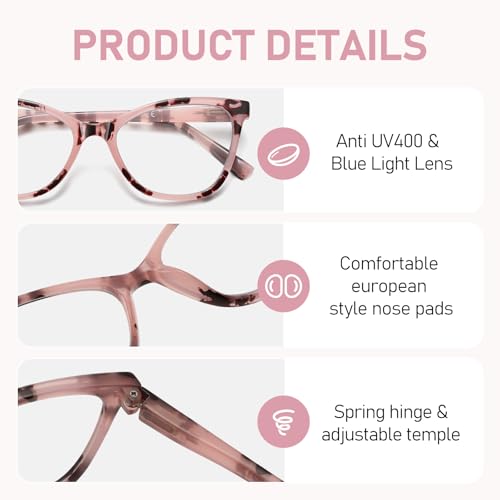 LKEYE Reading Glasses Women Cat Eye Blue Light Computer Readers Stylish Spring Hinge Designer Fashion Cute Eyeglasses LK6094 (3Pack,Black,Tortoiseshell,Pink +1.25 Strength) - Image 3