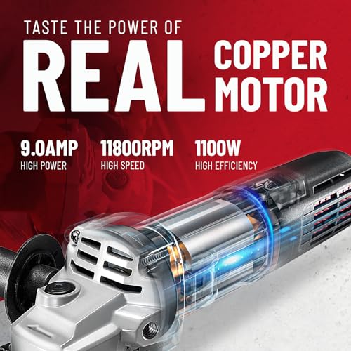 DCK 9.0 Amp Angle Grinder, 4-1/2 Inch Electric Grinder Power Tool, 11800 RPM, Auxiliary Handle and 2 Safety Guards, 6 Piece Discs, Copper Angle Grinder for Cutting, Grinding, Polishing (KSM17-115B) - Image 2