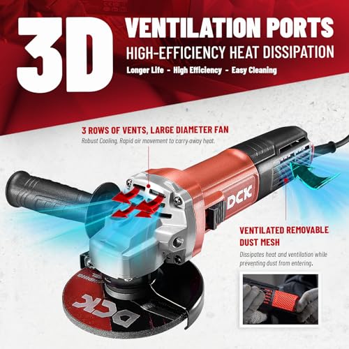 DCK 9.0 Amp Angle Grinder, 4-1/2 Inch Electric Grinder Power Tool, 11800 RPM, Auxiliary Handle and 2 Safety Guards, 6 Piece Discs, Copper Angle Grinder for Cutting, Grinding, Polishing (KSM17-115B) - Image 4