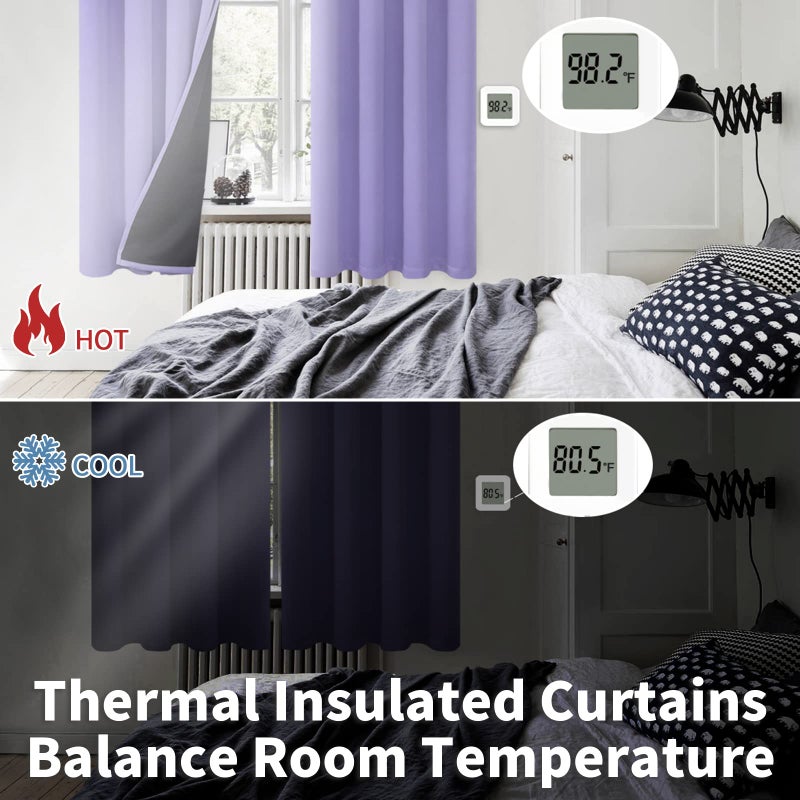 BGment الستائر المعزولة الحرارية بنسبة 100 ٪ من الستائر لغرفة النوم مع بطانة سوداء ذات طبقة مزدوجة غرفة كاملة غامق ضوضاء تقليل الستار جروميت (42 × 45 بوصة لافندر 2) - Image 4