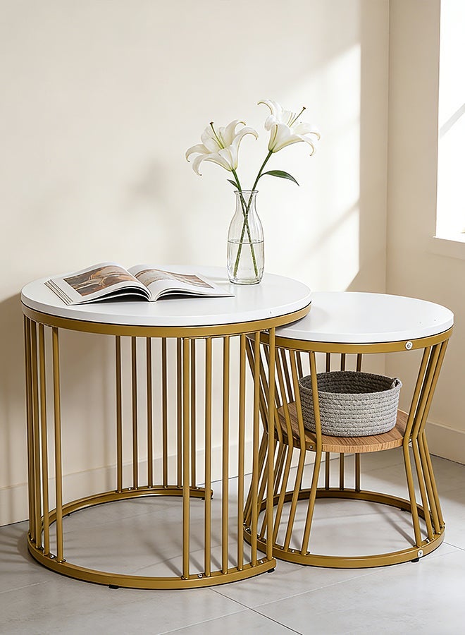 Migue home طقم من 2 طاولة قهوة دائرية متداخلة لغرفة المعيشة، طاولة جانبية، تشطيب يشبه الرخام، تجميع سهل، لون أبيض وذهبي - Image 2