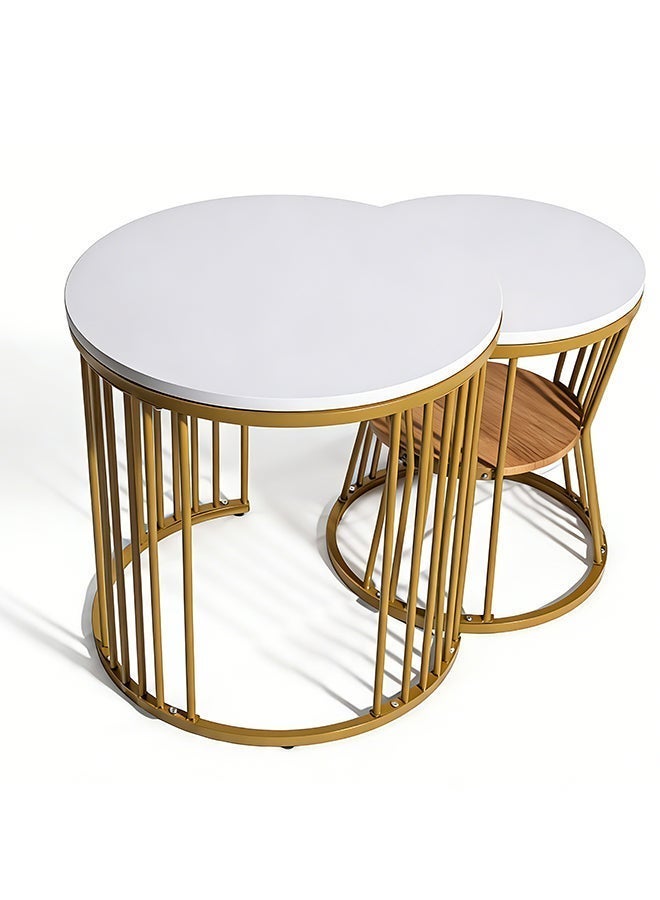 Migue home طقم من 2 طاولة قهوة دائرية متداخلة لغرفة المعيشة، طاولة جانبية، تشطيب يشبه الرخام، تجميع سهل، لون أبيض وذهبي - Image 5