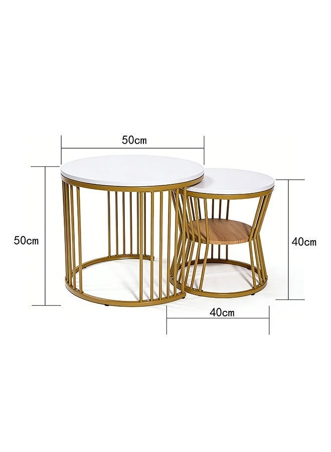 Migue home طقم من 2 طاولة قهوة دائرية متداخلة لغرفة المعيشة، طاولة جانبية، تشطيب يشبه الرخام، تجميع سهل، لون أبيض وذهبي - Image 4