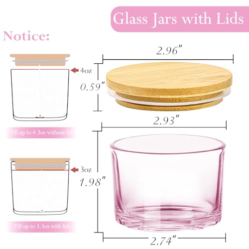 CONNOO 15 Pack 4 OZ Pink Glass Candle Jars with Airtight Bamboo Lids for Making Candles, Bulk Small Wide Mouth Empty Candle Containers with Sticky Warning Labels - Dishwasher Safe - Image 3