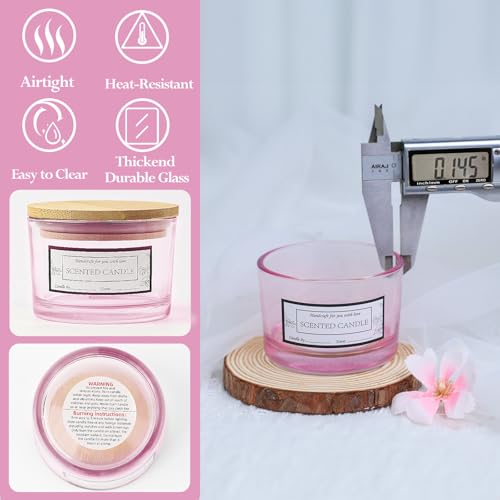 CONNOO 15 Pack 4 OZ Pink Glass Candle Jars with Airtight Bamboo Lids for Making Candles, Bulk Small Wide Mouth Empty Candle Containers with Sticky Warning Labels - Dishwasher Safe - Image 5