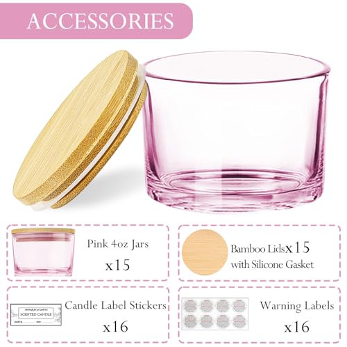 CONNOO 15 Pack 4 OZ Pink Glass Candle Jars with Airtight Bamboo Lids for Making Candles, Bulk Small Wide Mouth Empty Candle Containers with Sticky Warning Labels - Dishwasher Safe - Image 2