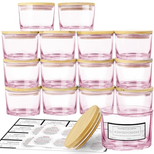CONNOO 15 Pack 4 OZ Pink Glass Candle Jars with Airtight Bamboo Lids for Making Candles, Bulk Small Wide Mouth Empty Candle Containers with Sticky Warning Labels - Dishwasher Safe - Image 1