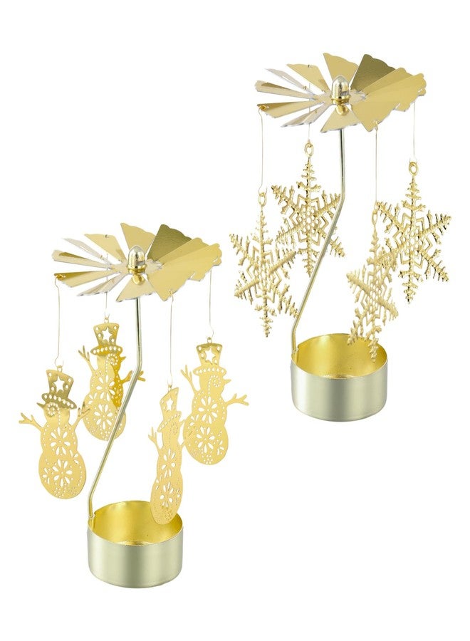 Heliltd 2Pcs Rotary Candle Holder Spinning Tea Light Candle Holder Christmas Style Metal Rotating Candlestick (2, Gold Christmas Snowflake & Snowman) - Image 1